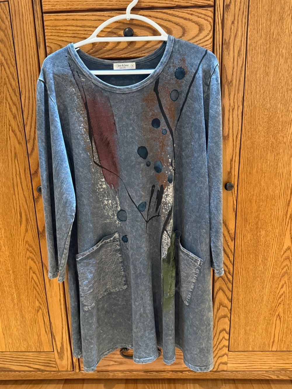 Washed Grey Long Sleeve Tunic Dress with Abstract Paint Detail